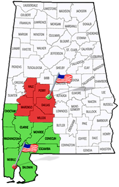 Alabama map showing counties under the jurisdiction of the U.S. District Court, Southern District of Alabama.